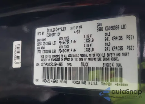 2003 Dodge Ram 1500 St from USA, damaged, VIN 1D7HA16K73J644405